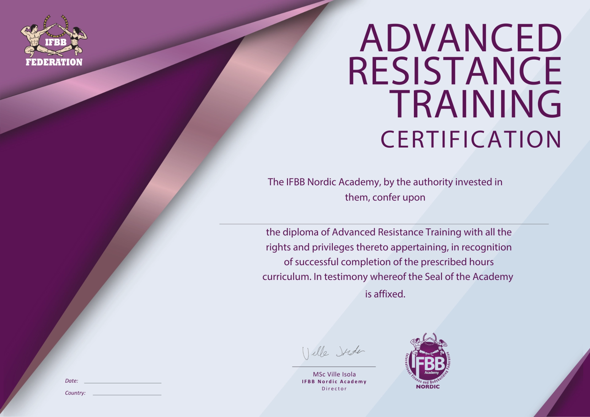 IFBB Advanced Resistance Training Course certificate