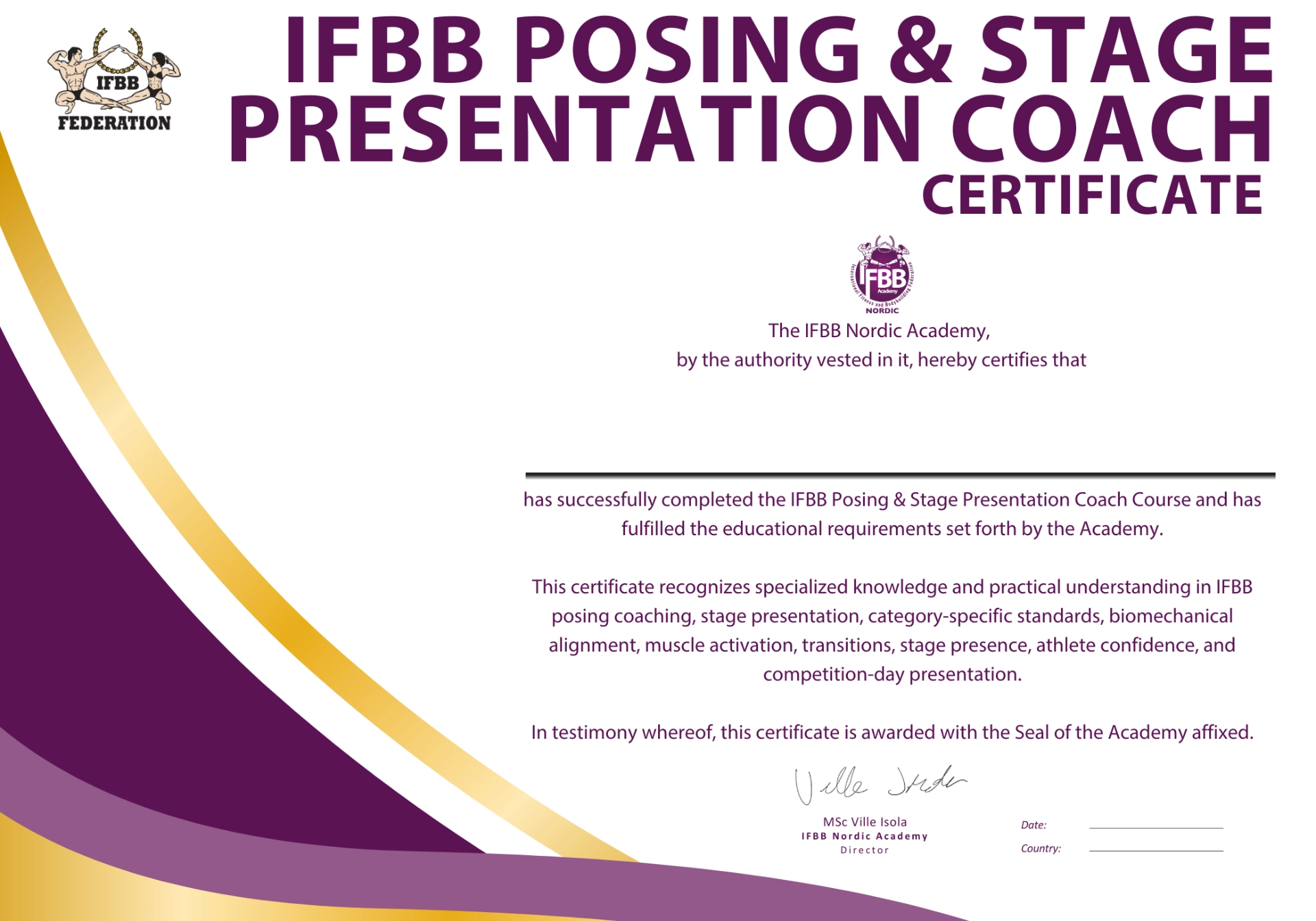 IFBB Posing and Stage Presentation Coach Course certificate